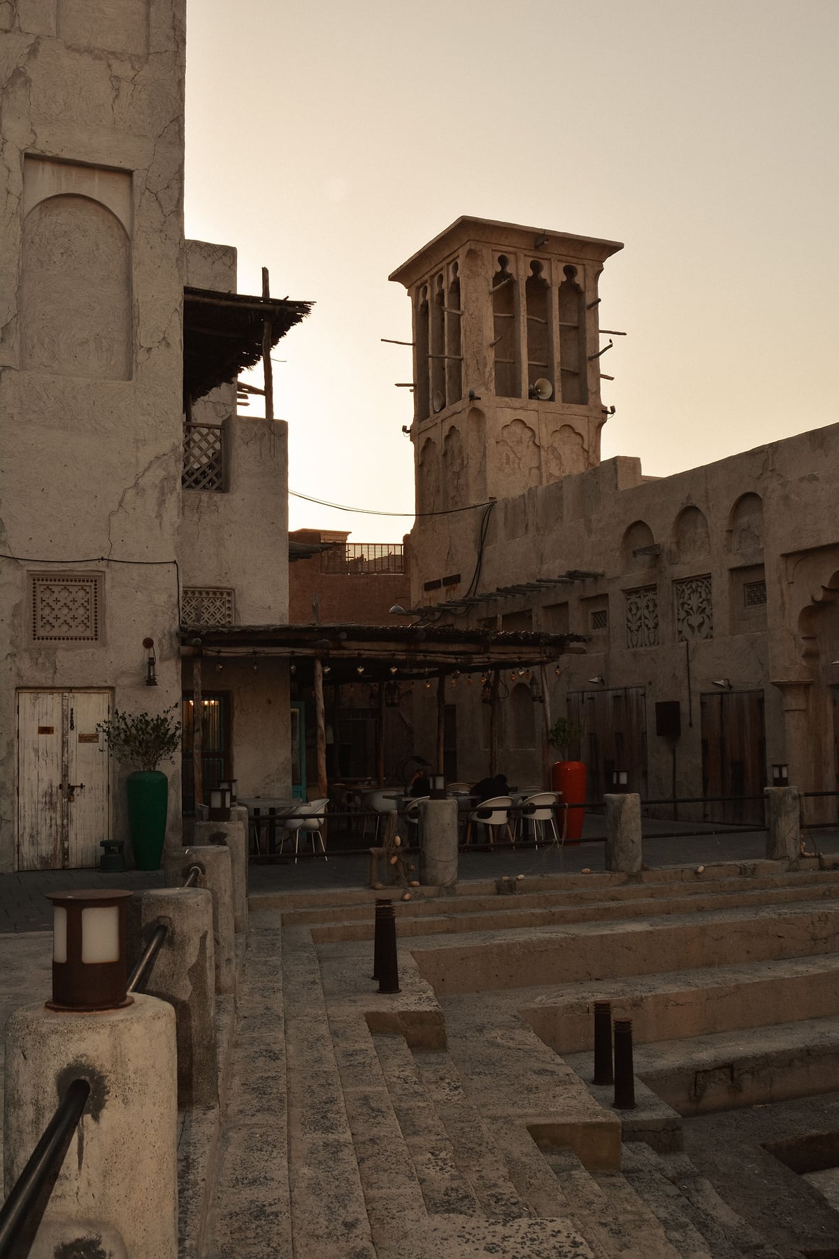 Wind towers in Dubai’s historic Al Fahidi neighbourhood at twilight